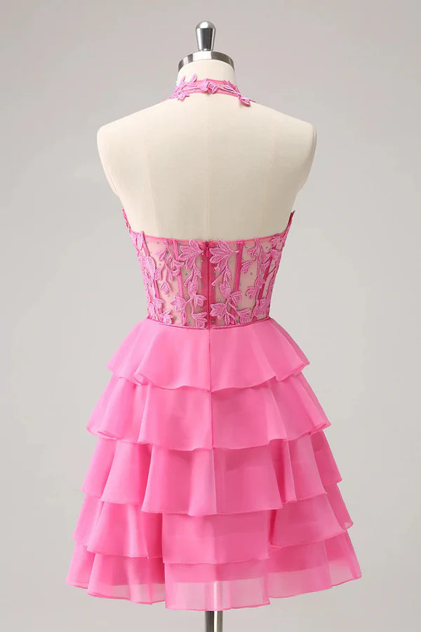 Robe Weitese rose vif trapèze sans bretelles à volants et corset, jolie robe de soirée
